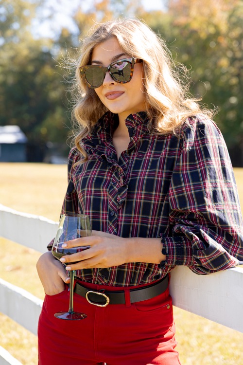 Tartan Plaid Ruffle Top, Dark Navy