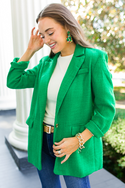 Tweed Single Button Jacket, Green