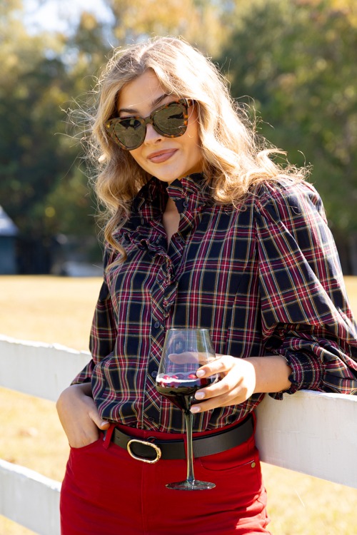 Tartan Plaid Ruffle Top, Dark Navy - 1118-50.jpg