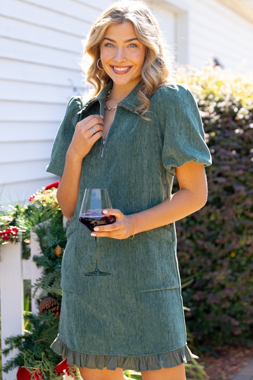 Soft Texture Ruffle Dress, Hunter