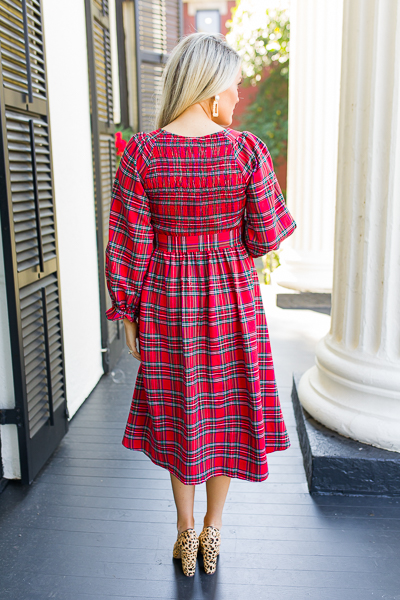 Tartan Plaid Smock Midi, Red