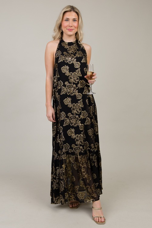 Metallic Floral Halter Maxi, Black