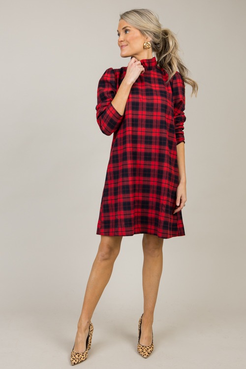 Plaid Ruffle Neck Dress, Red