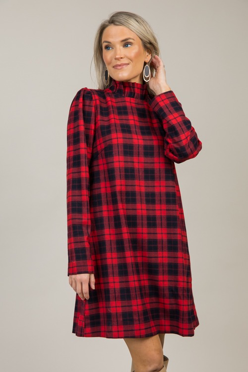 Plaid Ruffle Neck Dress, Red - 1120-122.jpg