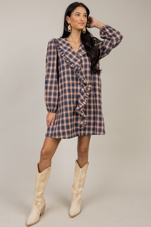 Ruffled Plaid Dress, Navy - 1121-185h.jpg