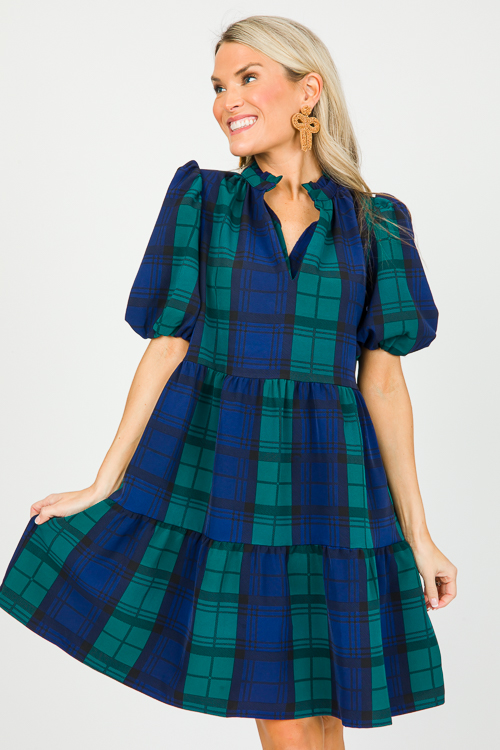 Hudson Plaid Dress, Navy Green