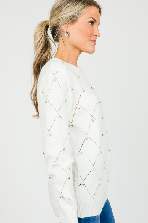 Rhinestone Diamond Sweater, Ivory