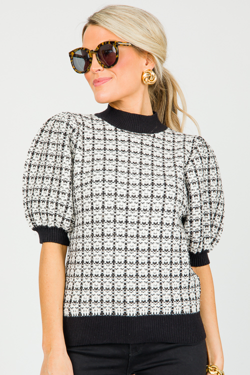 Tweed Balloon Sleeve Sweater, Black