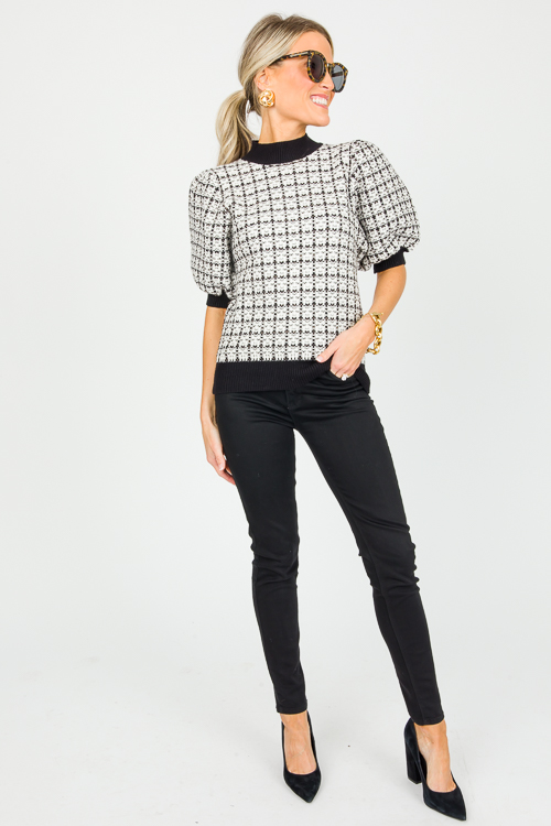 Tweed Balloon Sleeve Sweater, Black