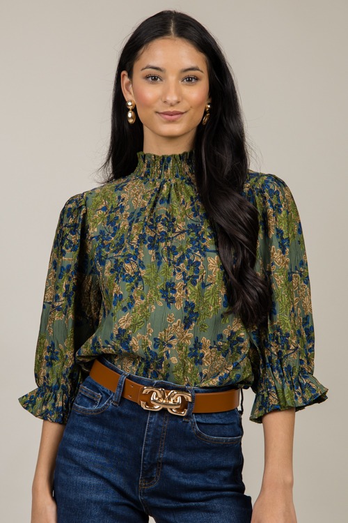 Pleat Texture Floral Top, Olive