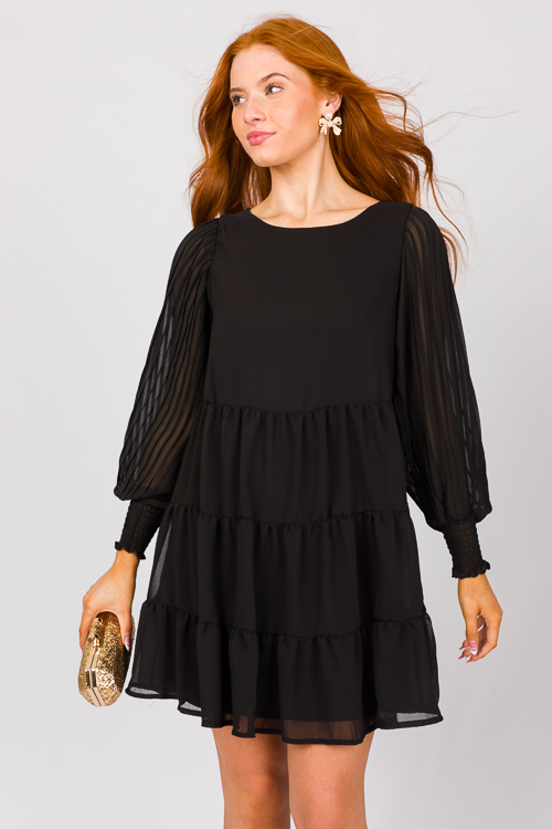 Pleat Sleeve Tier Dress, Black