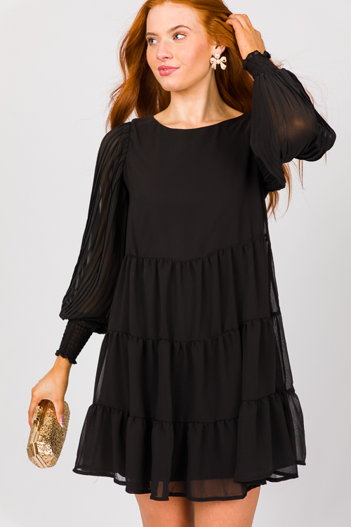 Pleat Sleeve Tier Dress, Black