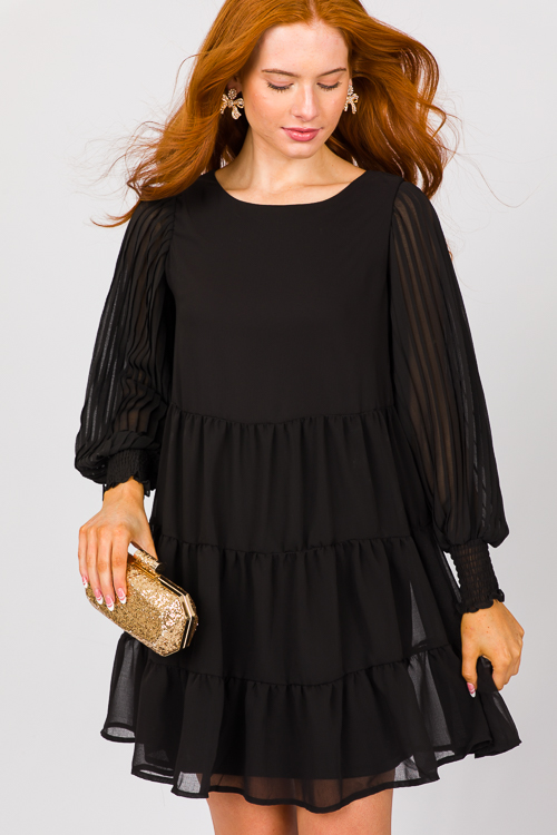 Pleat Sleeve Tier Dress, Black