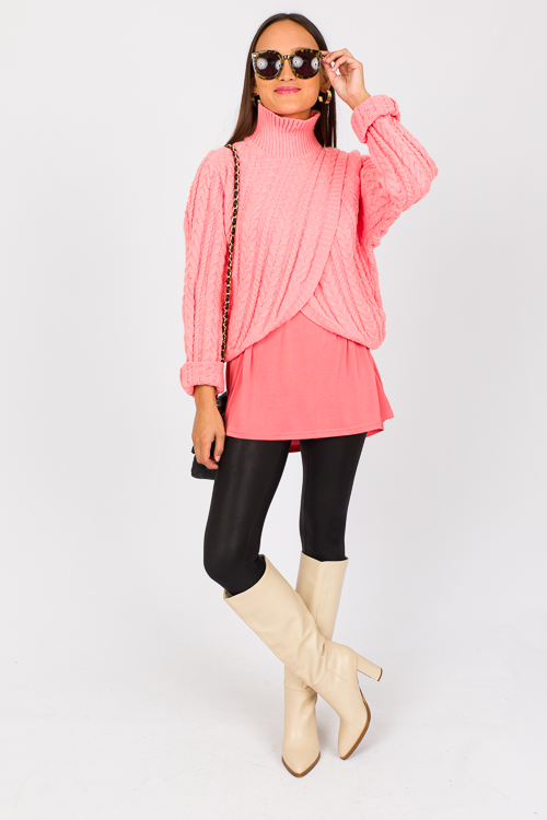 Wrap Front Cable Sweater, Tea Rose