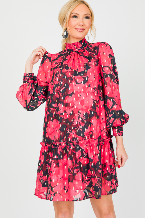 Metallic Floral Dress, Black/Red