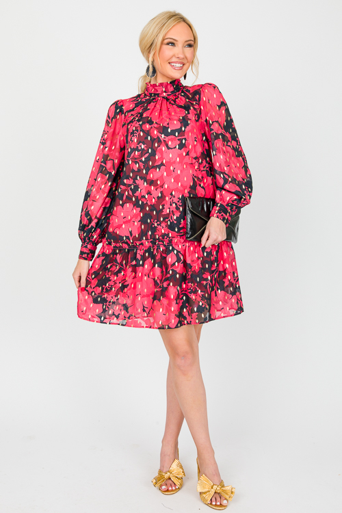 Metallic Floral Dress, Black/Red