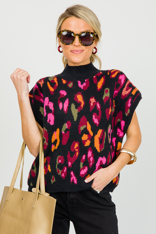 Cheetah Sleeveless Sweater, Black