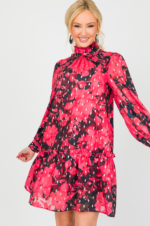 Metallic Floral Dress, Black/Red