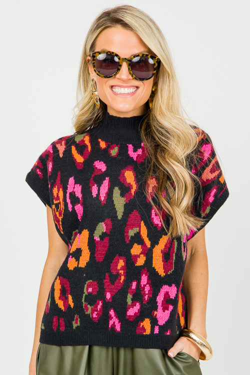 Cheetah Sleeveless Sweater, Black