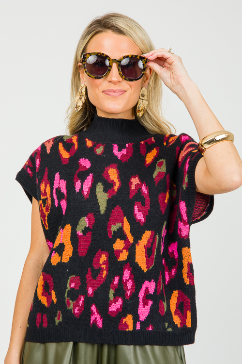 Cheetah Sleeveless Sweater, Black