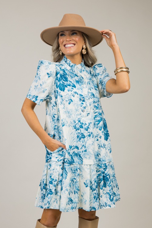 Pleate Hem Floral Dress, Teal - 1122-75.jpg