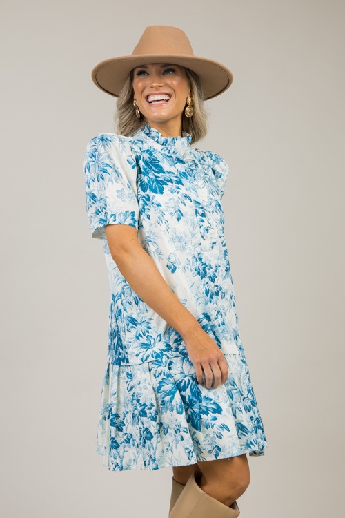 Pleate Hem Floral Dress, Teal - 1122-76.jpg