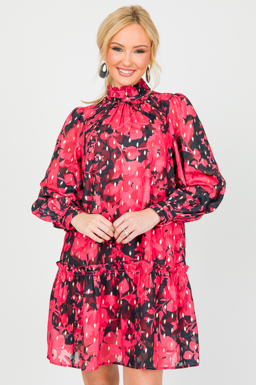 Metallic Floral Dress, Black/Red