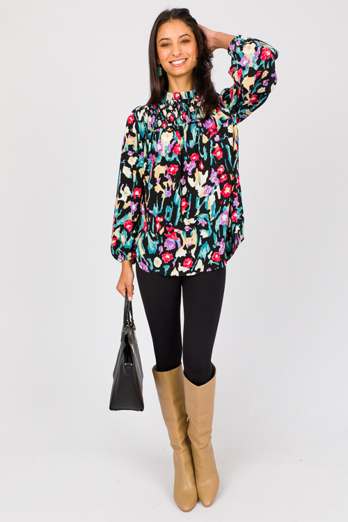 Abstract Blooms Smock Blouse, Black