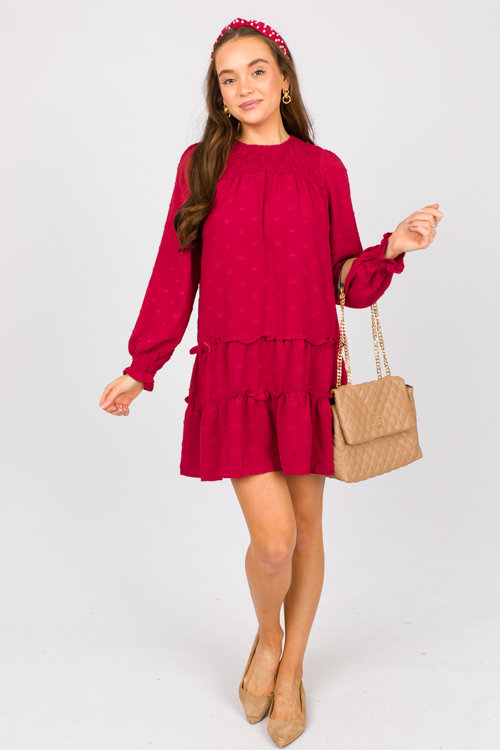 Swiss Dot Smock Dress, Red