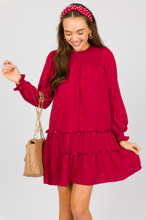 Swiss Dot Smock Dress, Red