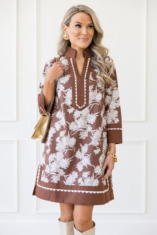 Floral Scalloped Trim Dress, Brown