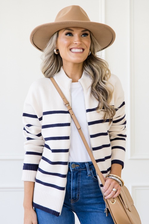 Stripe Zip Sweater Jacket, Ivory