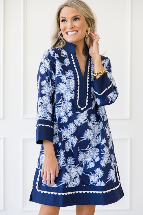 Floral Scalloped Trim Dress, Navy