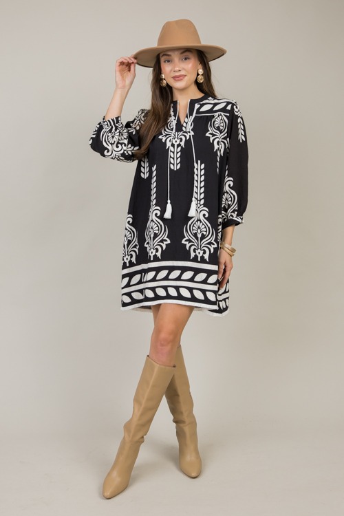 Printed Fringe Hem Dress, Black - 1126-43p.jpg