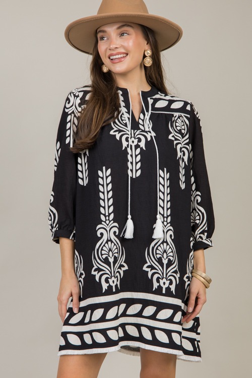 Printed Fringe Hem Dress, Black - 1126-45.jpg