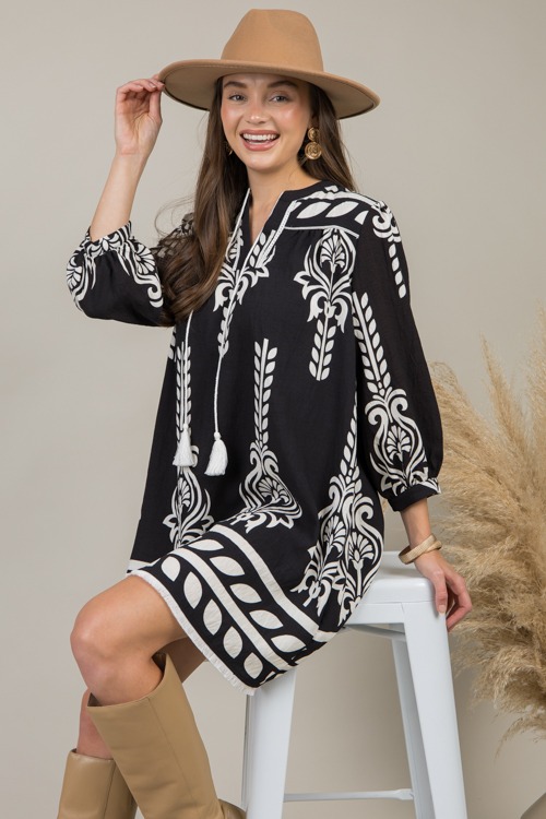 Printed Fringe Hem Dress, Black - 1126-51.jpg