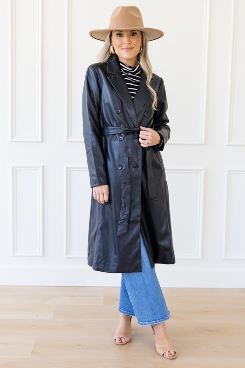 Leather Belted Coat Black