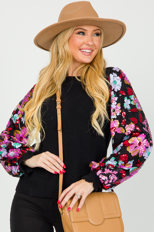 Floral Sequin Sleeve Sweater, Black