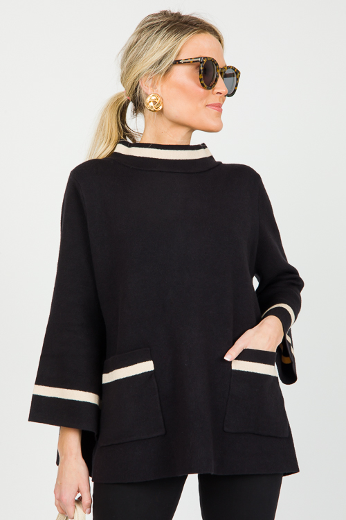 Stripe Trim Pocket Sweater, Black