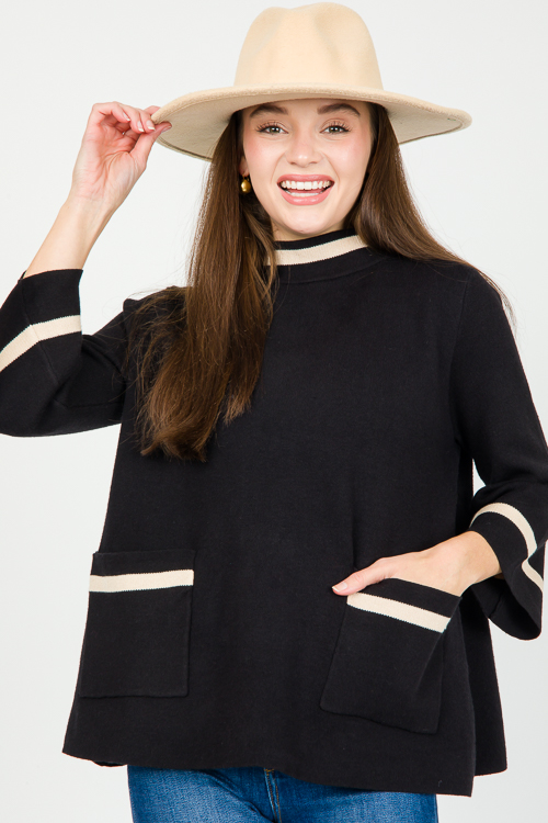 Stripe Trim Pocket Sweater, Black