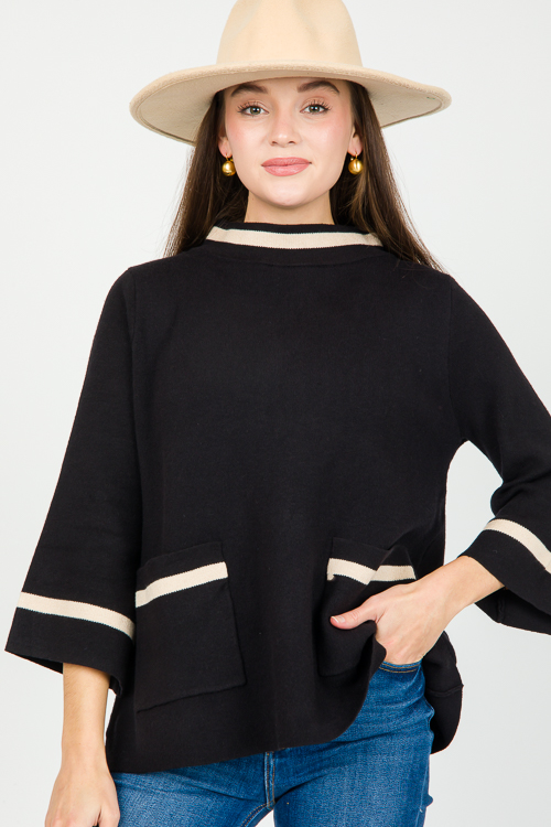 Stripe Trim Pocket Sweater, Black