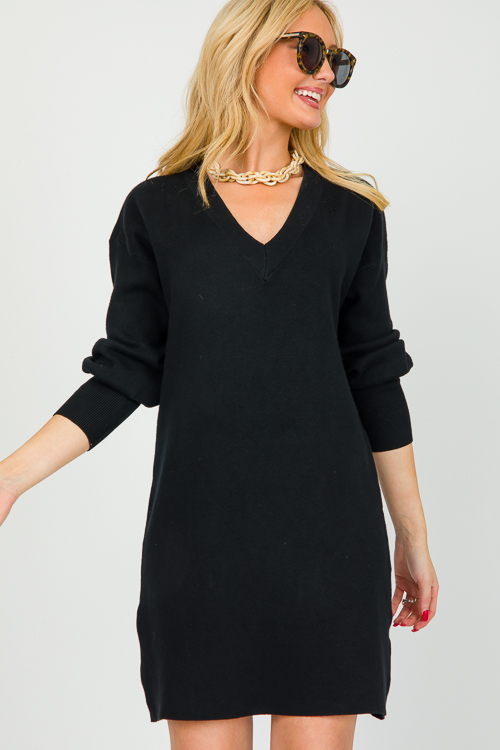 V-Neck Sweater Dress, Black