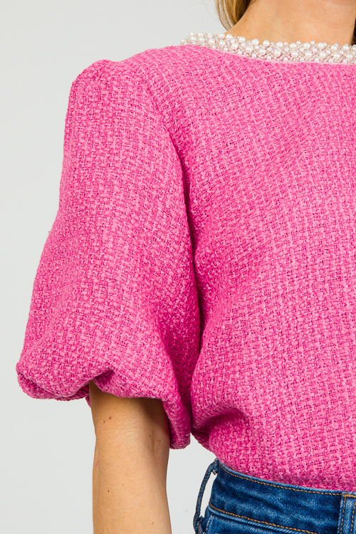 Pearl Trim Tweed Top, Pink