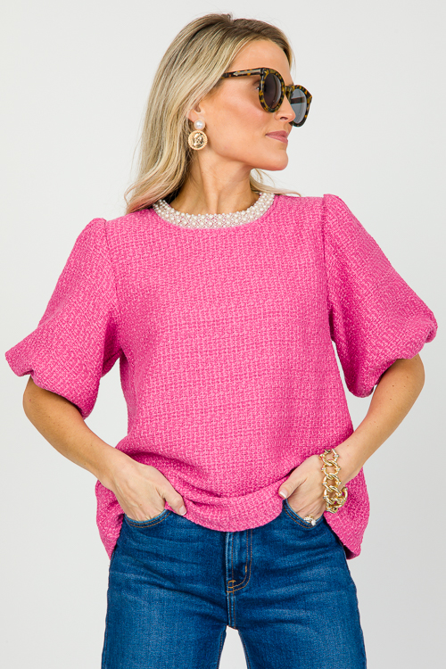 Pearl Trim Tweed Top, Pink