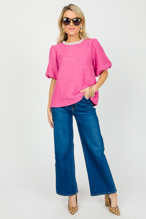 Pearl Trim Tweed Top, Pink