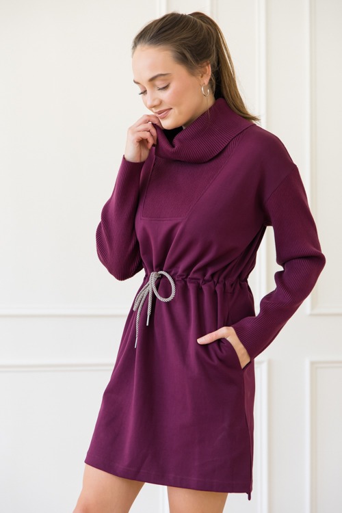 Draw Waist Cowl Knit Dress, Plum