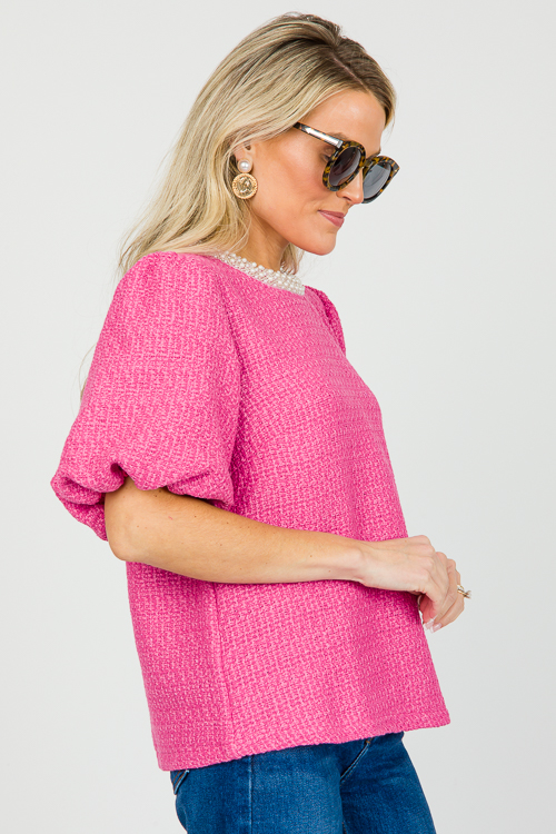 Pearl Trim Tweed Top, Pink