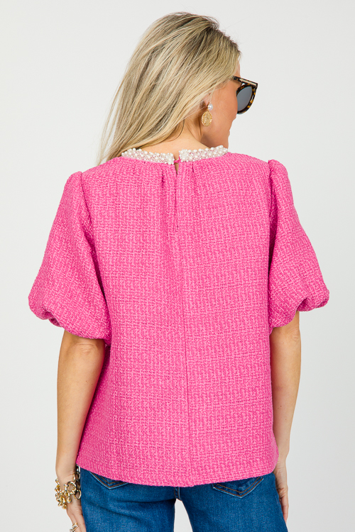 Pearl Trim Tweed Top, Pink