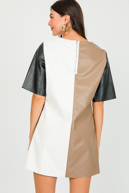 Leather Colorblock Dress,Blk/Wh