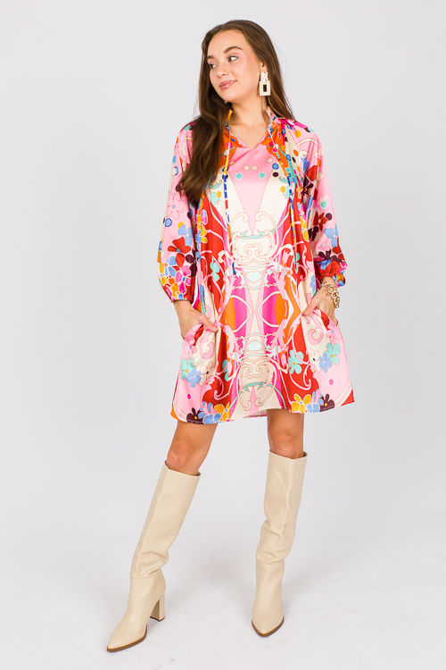 Abstract Flowers Silky Dress, Multi